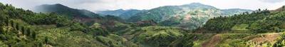 Panorama of the mountainous countryside approximately 5.5 km south of Mae Salong Nok during the rainy season, 1 June, 2014, at 12:50 (exif date incorrect).…