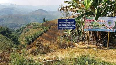 A burnt field in Mae Fa Luang DIstrict and fire warning signs