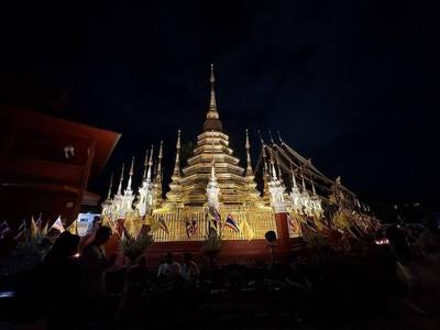Celebration of 2026 Asalha Puja at night in Wat Phan Tao (Wat Pan Tao) temple, Chiang Mai, on 29 July 2026