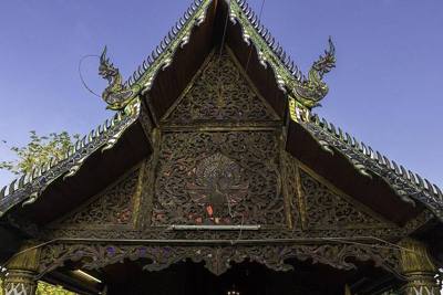 Pediment of the prayer hall of Wat Meuun Dtuum, Chiang Mai, Thailand