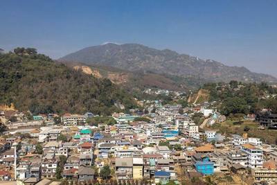 A view of Tachilek Border town, taken from the skywalk of Wat Phra That Doi Wao, Mae Sai, Chiang Rai province.