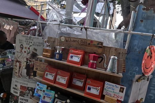 A motorbike coffee stall — Chamcha Market, San Kamphaeng