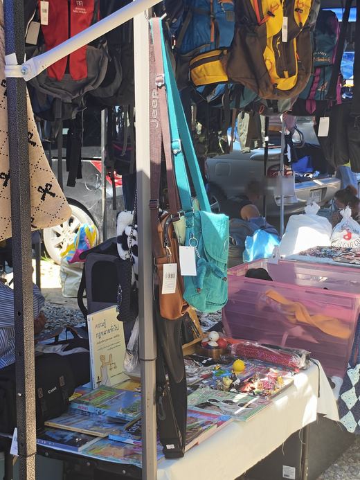 Bags, books and a Canon camera bag on a second-hand stall