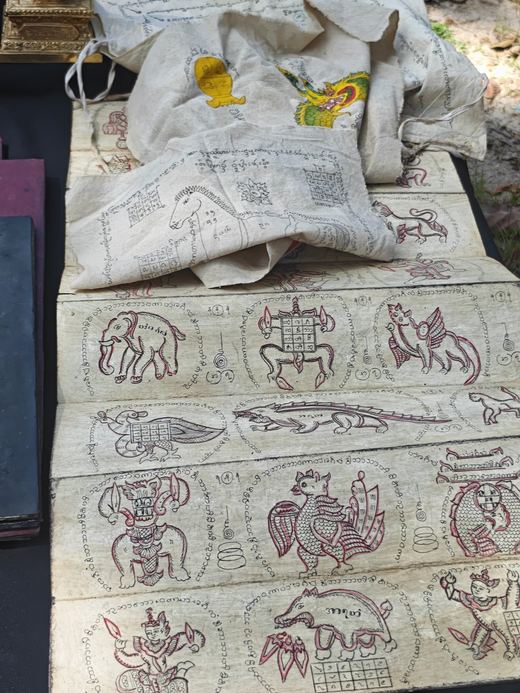 Cloth yant sheets printed with animals of the zodiac, tigers, elephants and nagas