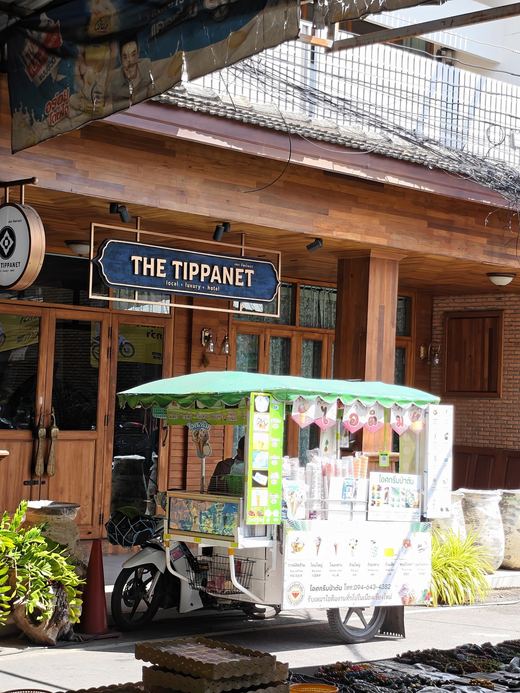The Tippanet Hotel's wooden front, an ice-cream cart parked at the door