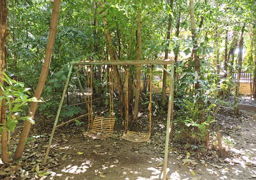 Two rattan swings under the trees in the EFEO garden