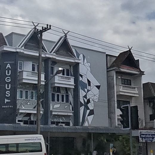 Geometric lion mural on the August Hostel wall