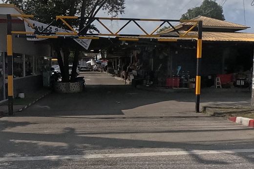 The entrance to a covered market lane lined with flower shops and stalls, buckets of flowers visible in a corner shop window; this is the Nim Si Seng flower mar