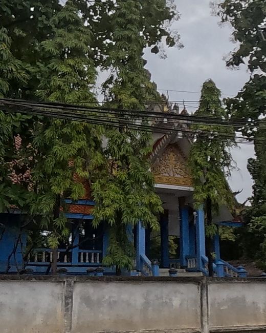 A blue-and-gold temple hall behind roadside trees