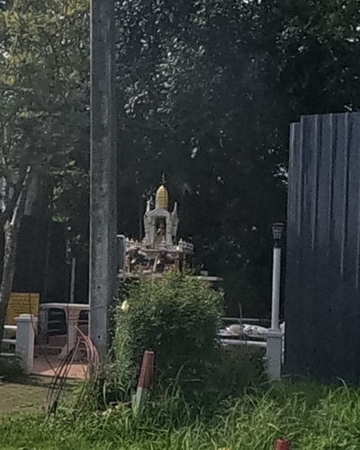 Small gilded spirit house behind the greenery
