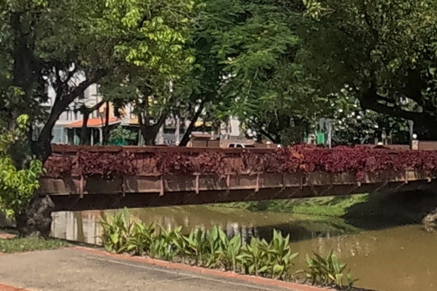 Red iron footbridge over the moat