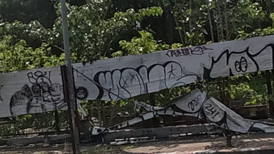 Spray tags along a roadside fence
