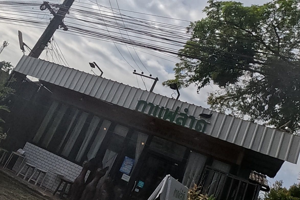 A roadside cafe in a corrugated-roof shophouse with a green sign, seen past a roadside tree and power pole.