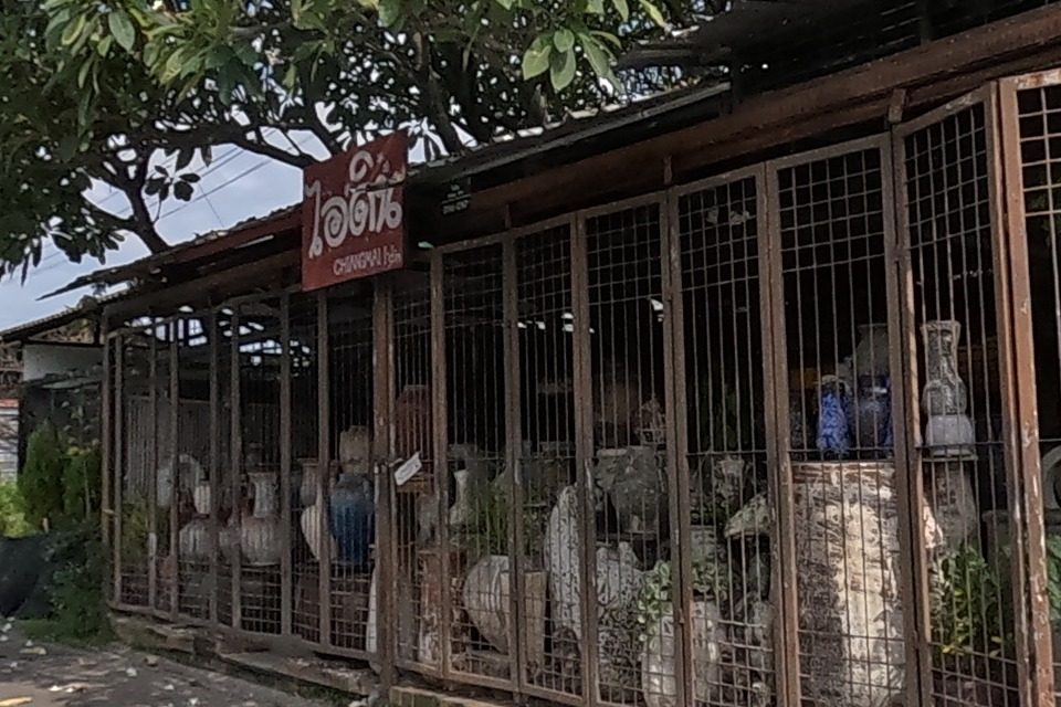 A clearer view of the caged pottery shop 'ไอดิน CHIANGMAI' with large glazed ceramic jars, urns and statuary crowded behind rusty bars, next to potted plants and bagged nursery stock at the roadside.
