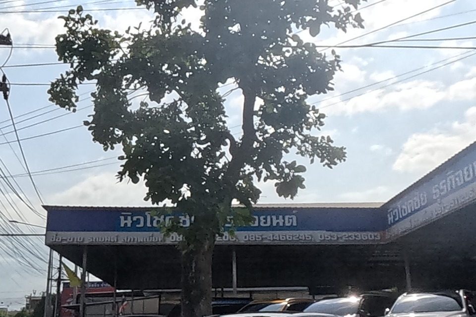 หัวเฉียว ธุรกิจยนต์ used-car dealership fills the corner lot with a mixed row of new and used cars for sale; the ที่นอนปีนัง sign is visible across the intersection on the left.