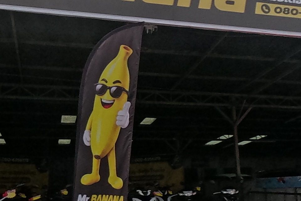Chang Phueak Motor's red-signed showroom next to Mr.Banana, a motorbike dealer with banana-mascot flags in sunglasses giving a thumbs up, rows of new scooters parked under the shared roof.