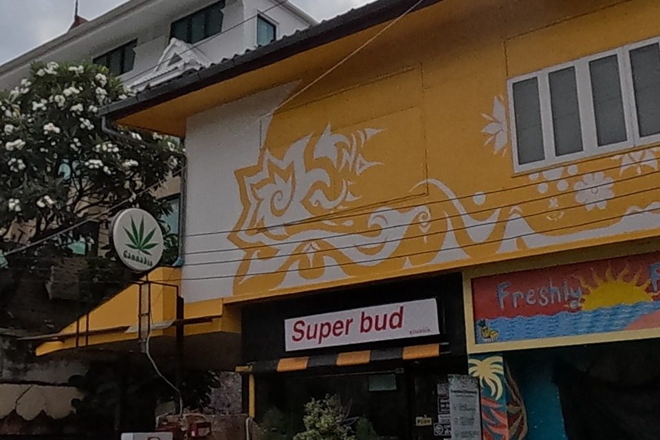 A cannabis dispensary, a juice bar and a bar all share a mural-painted building; a shuttered shopfront tagged with graffiti sits beside them.
