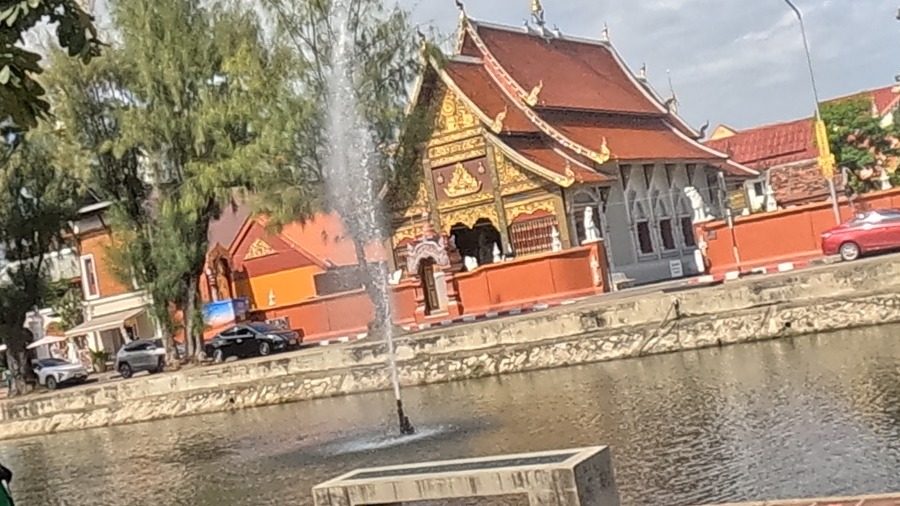 Temple roof across the city moat
