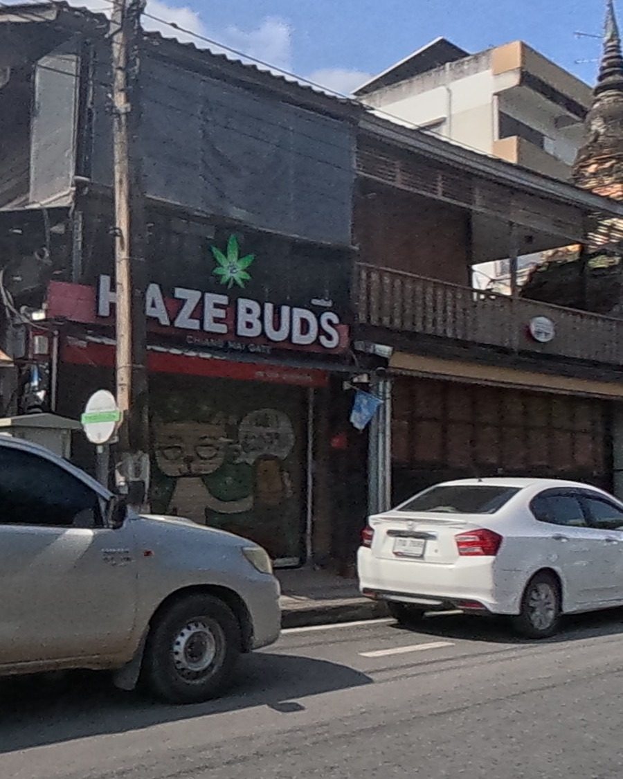 Old brick ruin beside a cannabis shop
