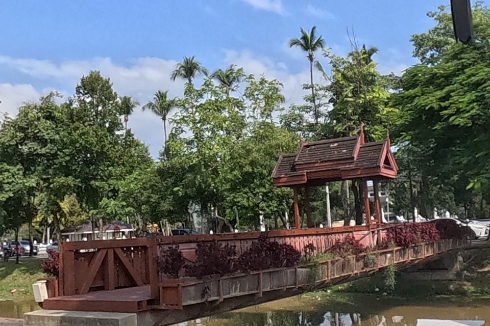 Red footbridge over the moat