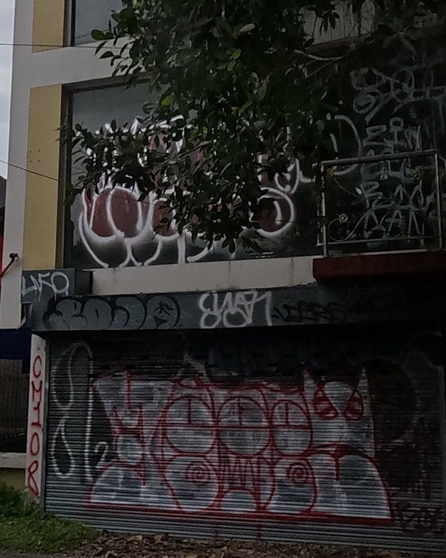 Dense graffiti-covered shophouse wall and shutter