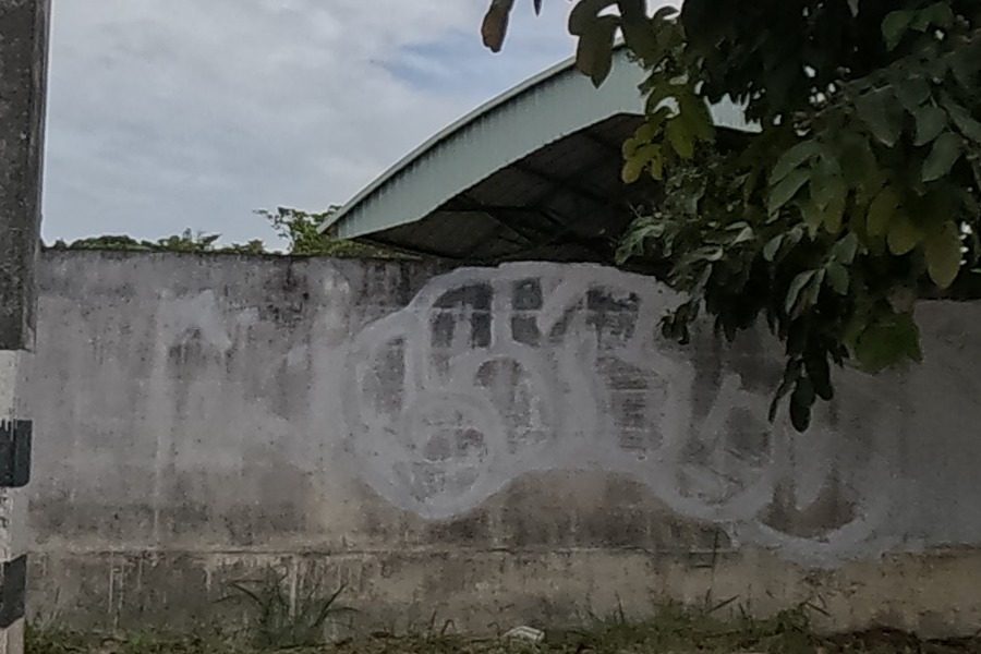 Faint white spray tag on a compound wall