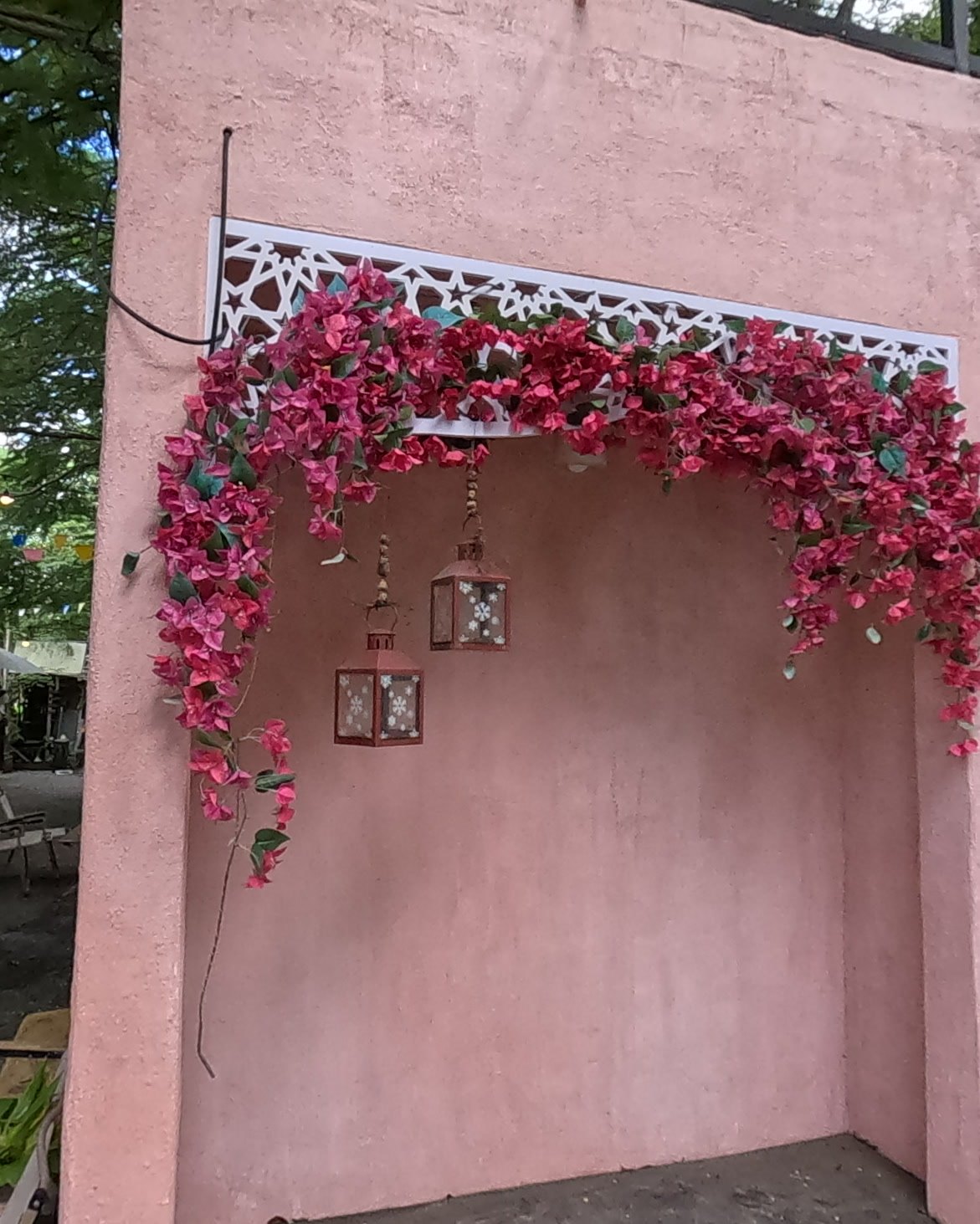 A pink wall with an arch of red flowers — Chamcha Market, San Kamphaeng