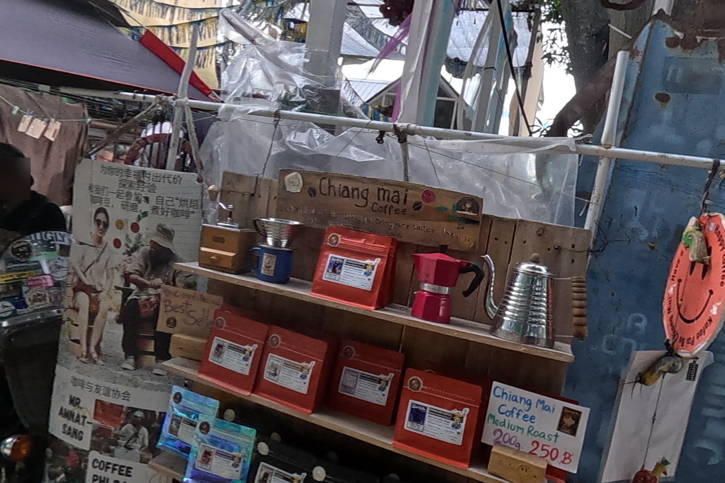 A motorbike coffee stall — Chamcha Market, San Kamphaeng