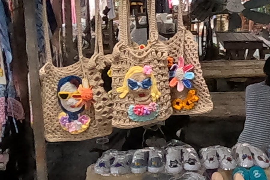Crochet bags with sunglasses faces — Chamcha Market, San Kamphaeng