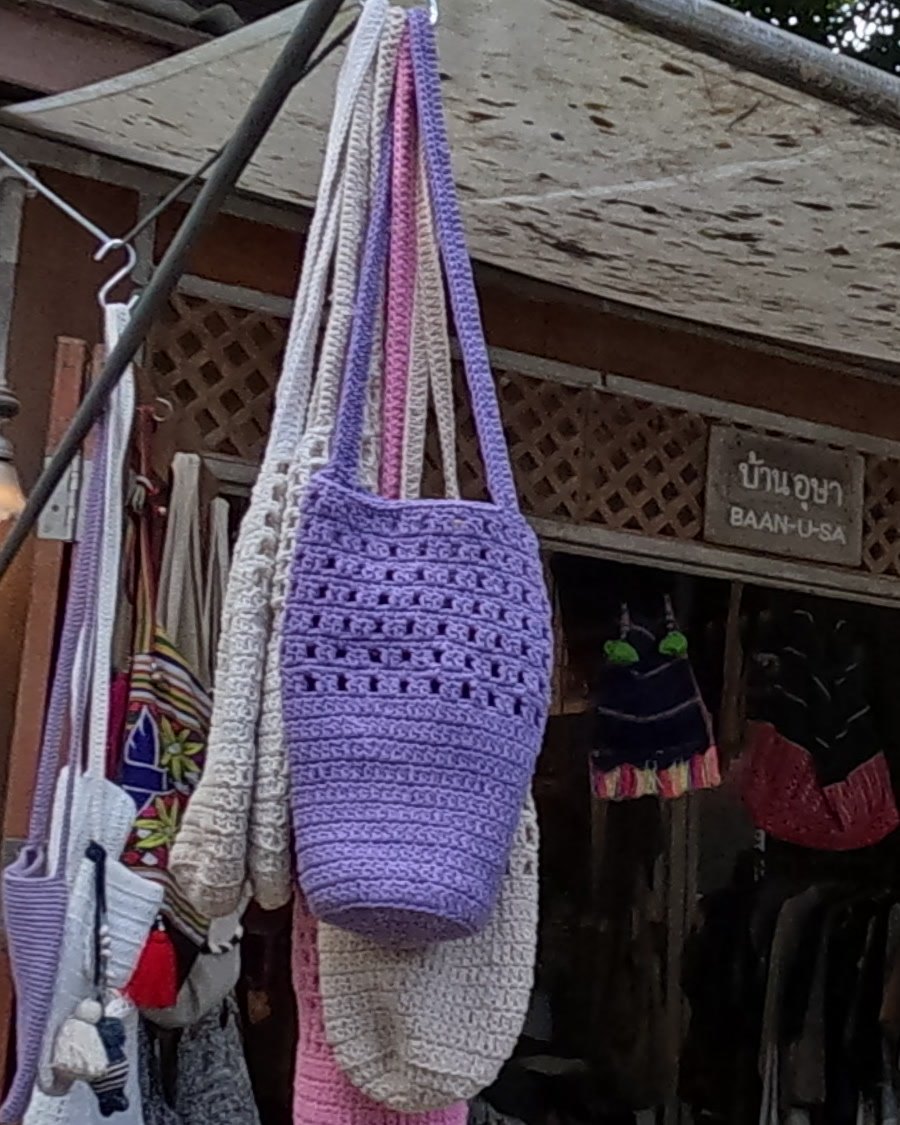 Lilac crochet bag outside Baan-U-Sa — Chamcha Market, San Kamphaeng