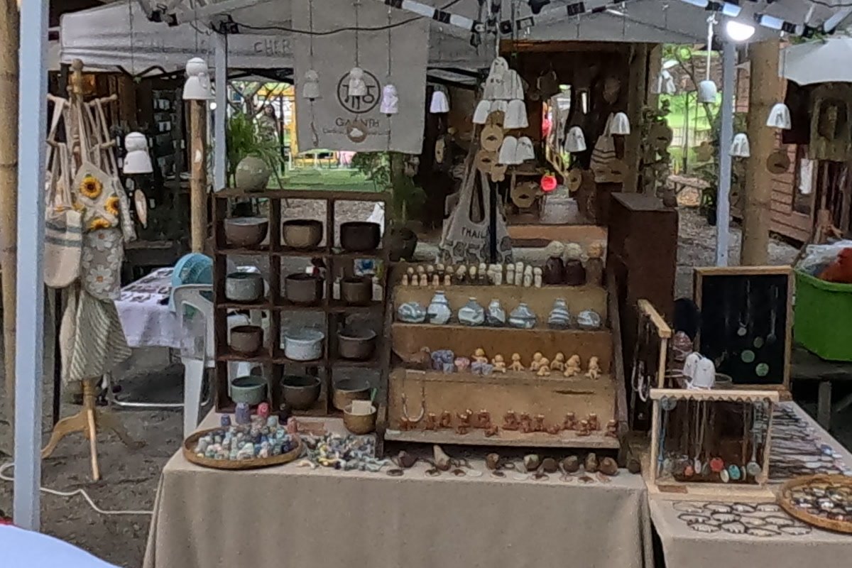 GAANTH at Chamcha Market, San Kamphaeng: ceramics: bells, bowls, figurines and pendants