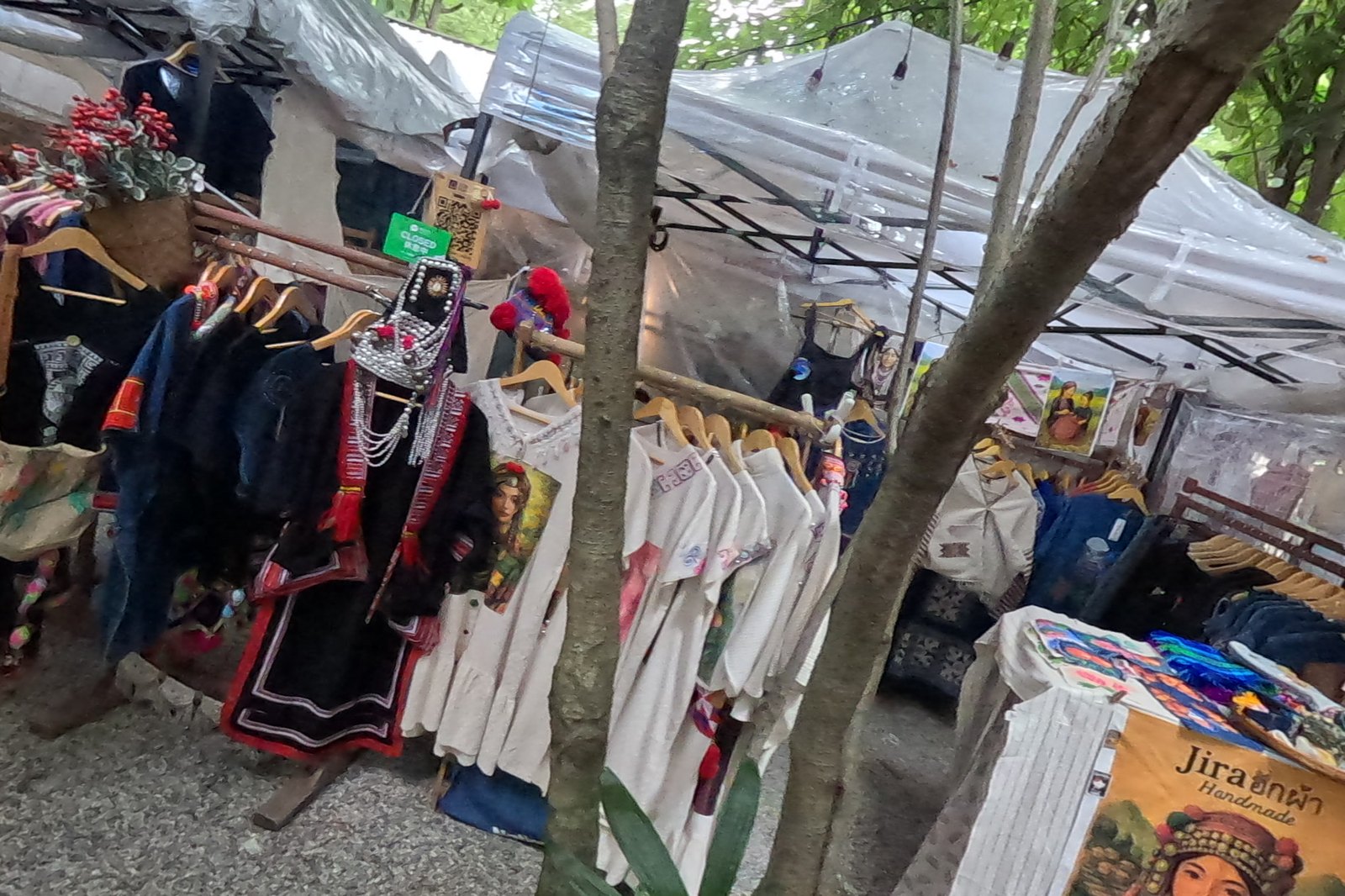 Jira at Chamcha Market, San Kamphaeng: handwoven cotton and hemp clothing, portrait prints, indigo jackets
