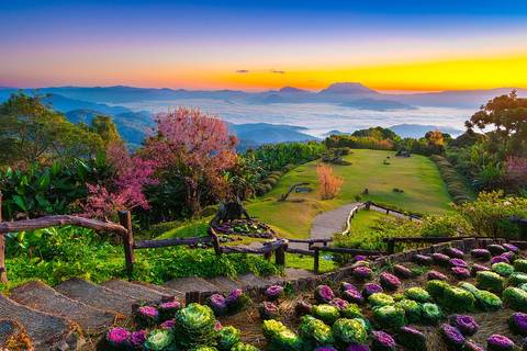 View point of Landscape, fog, flower and mountain at Huai Nam Dang National Park, Chiang Mai, Thailand