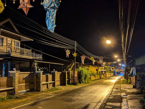 Taken at night, this is a picture of street in Mae Sariang, decorated with Lanna lantern