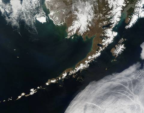 Satellite picture of the Aleutian Islands and the Alaska Peninsula, located in the south of the state of Alaska, United States.