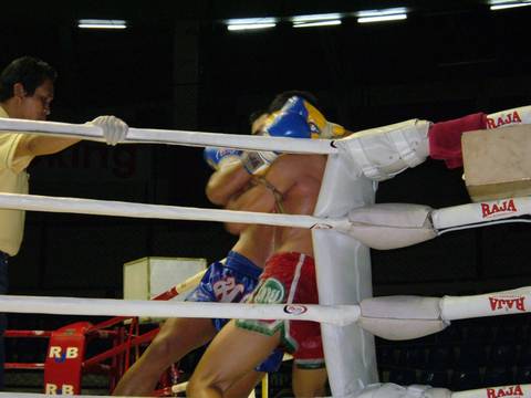 A Muay Thai match at Rajadamnern Stadium in Bangkok, Thailand.
