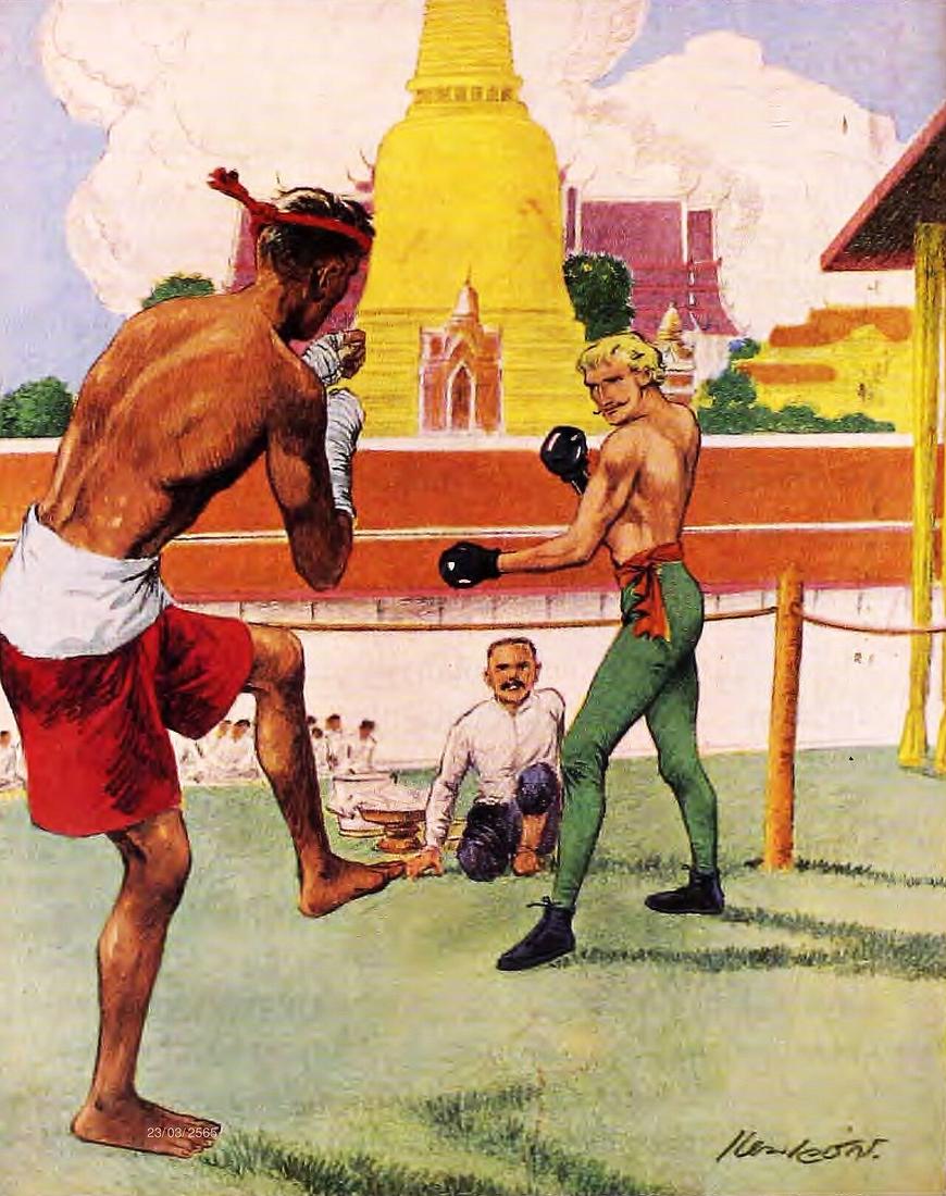 An illustration of the book mentioned below, depicting the following:
A French man challenged Thais to join boxing matches with him in the year 2331 BE (1788/89 CE).