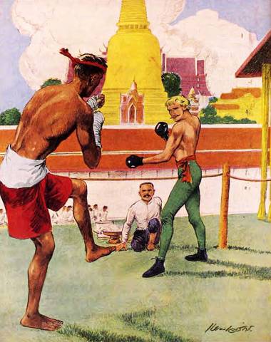 An illustration of the book mentioned below, depicting the following:
A French man challenged Thais to join boxing matches with him in the year 2331 BE (1788/89 CE).