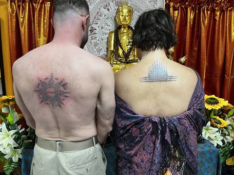 Two finished yant in front of the shrine where the work was done, at Sak Yant Chiang Mai.