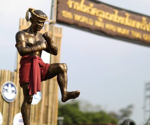 A replica statue of Nai Khanom Tom, a traditional Thai Muay Thai boxer from Ayutthaya, displayed at the Nai Khanom Tom Commemoration Ceremony on the 17th of March of each year.