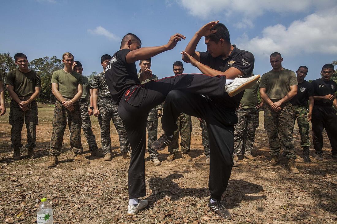 Royal Thai Marines demonstrate Muay Thai techniques to U.S., Royal Thai and Republic of Korea Marines during Cobra Gold 16 at Sattahip, Thailand, Feb. 11, 2016. CG 16 is a multinational training exerc