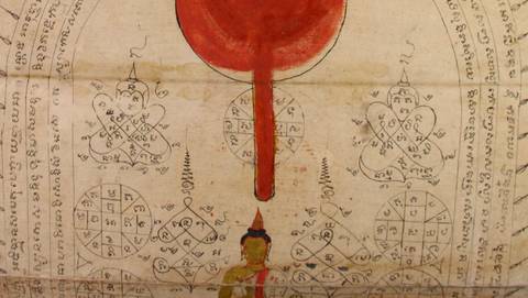 Part of a Thai folding book (identifier NPT-004-011) at Wat Lam Phaya Folk Floating Market Museum, Nakhon Pathom. According to Jana Igunma (3 November 2016), Thai local knowledge: The long hidden wisd