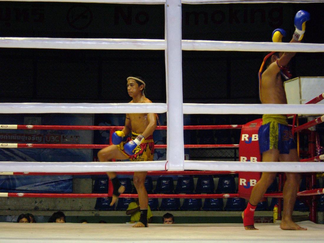 A Muay Thai match at Rajadamnern Stadium in Bangkok, Thailand.