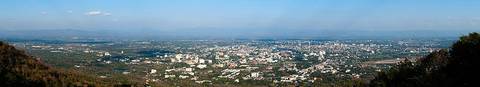 Panorama of the city of Chiang Mai, part of the surrounding valley and the mountains east of the city of Chiang Mai. The photo was made from the viewpoint halfway up the road towards Wat Phrathat Doi
