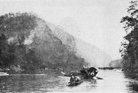 Original caption: "Boats sailing amidst rapids"