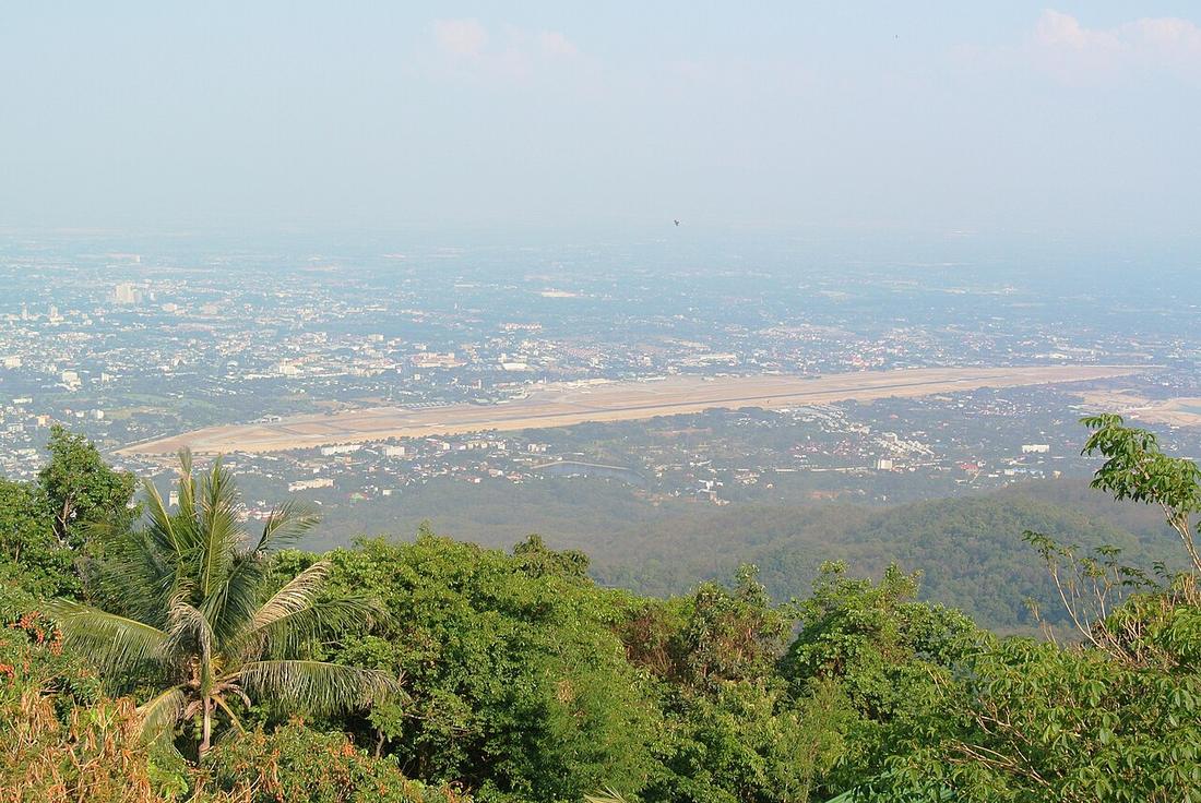 Aerial view of Chiang Mai International Airport's runways and of the southern part of the city. Picture taken from Doi Suthep temple.