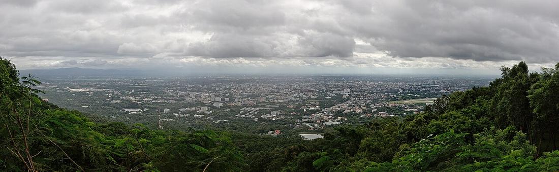 A panorama looking east back to the city of Chiang Mai from the lookout half-way up Doi Suthep, a famous mountain to the west of the city.