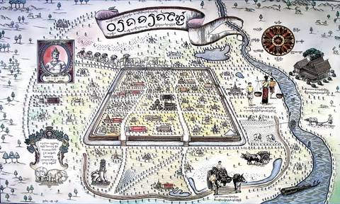 Chiang Mai City old map during the Lan Na kingdom (in Thailand). The portrait of a ruler (king) is on the left side. There is a castle, palace, temples, local houses, the treasury, the city wall with