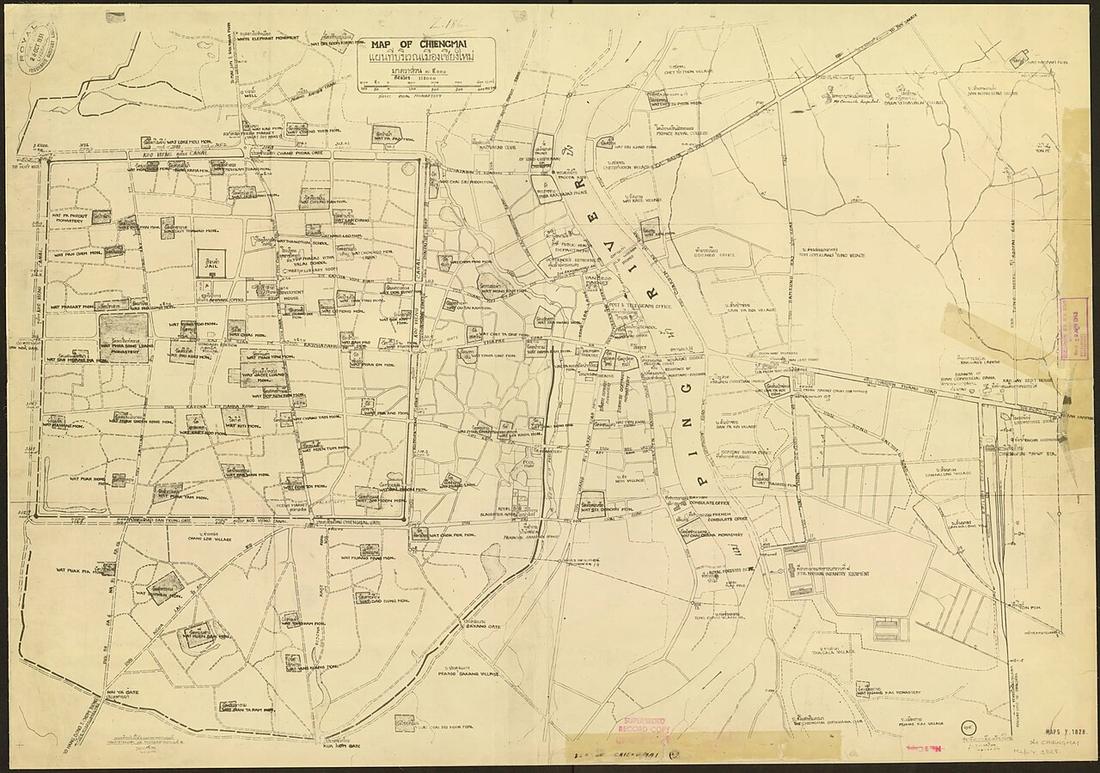 Map of Chiengmai (Chiang Mai) city, 1931. This is the capital of Chiang Mai province. The top left stamp says: "Royal Insurance Company Limited, 26 October 1931 Liverpool."
