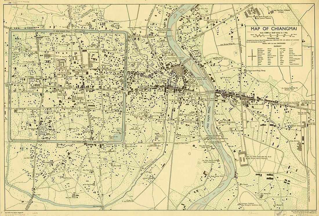 Old map of Chiang Mai (Thailand) in 1945. Printed at the Survey of India Offices. Size: 57 x 87 cm. Scale: 	
1:5,000. Repository: American Geographical Society Library, University of Wisconsin-Milwauk